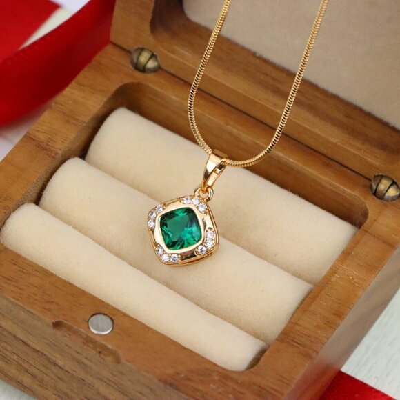 "Green Cushion Stone Pendant in Gold Plated Brass with Crystal Halo, XPPT1768 - Picture 9 of 14